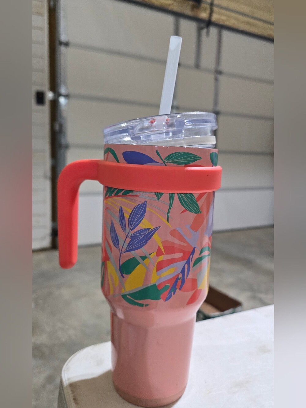 Colorful Tropical Pink Travel Tumbler with Handle